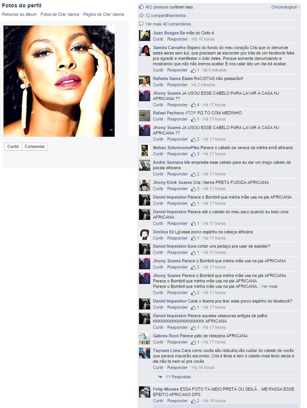 Comentários no perfil da Cris Vianna (Foto: Facebook / Reprodução)