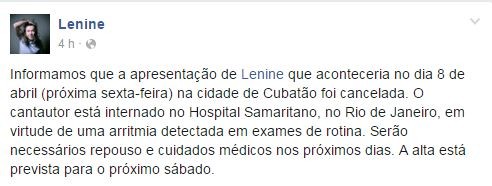 Lenine é internado no Rio  (Foto: Facebook / Reprodução)