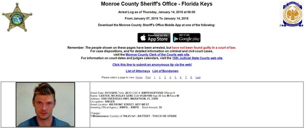 Nick Carter (Foto: Reprodução/Site Monroe County Sheriff&#39;s Office - Florida Keys)
