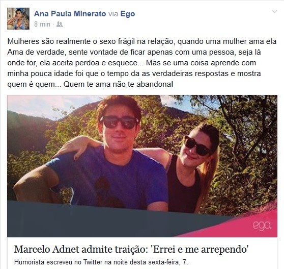 Ana Paula Minerato comenta traição de Adnet (Foto: Reprodução/Facebook)