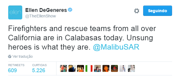 Ellen DeGeneres faz post sobre incêndio (Foto: Reprodução / Twitter)