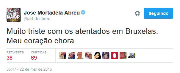 José de Abreu lamenta atentados de Bruxelas no Twitter (Foto: Reprodução/Twitter)