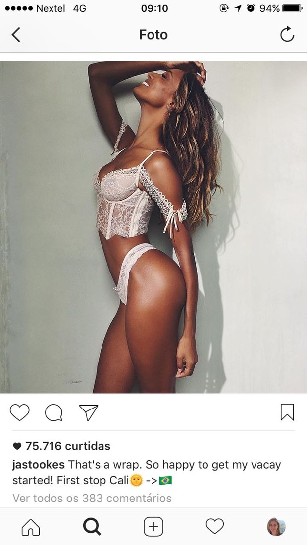 Angel da Victoria&#39;s Secret Jasmine Tookes comemora férias no Brasil (Foto: Reprodução do Instagram)