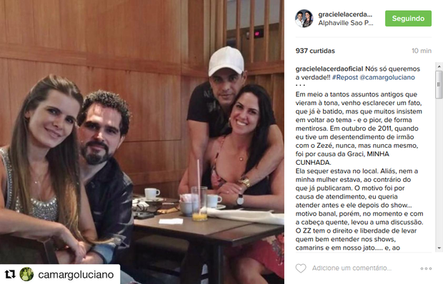 Graciele Lacerda compartilhou a publicação de Luciano (Foto: Reprodução/Instagram)