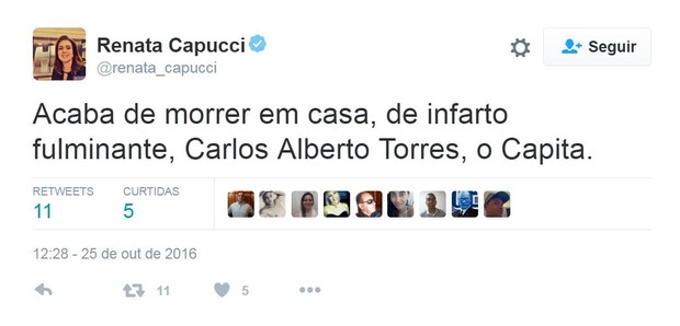 Renata Capucci lamenta a morte de Carlos Alberto Torres (Foto: Reprodução/Twitter)