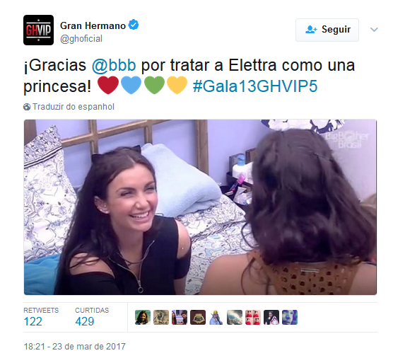 Gran Hermano agradece ao Big Brother Brasil pelo tratamento dado a Elettra (Foto: Reprodução/Twitter)