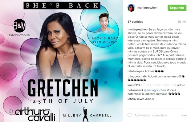 Cartaz de divulgação do show de Gretchen em Dublin (Foto: Reprodução / Instagram)
