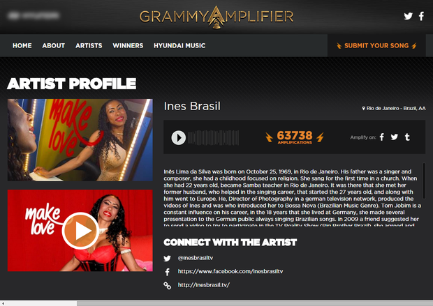 Inês Brasil em destaque no site do Grammy (Foto: Reprodução/grammyamplifier.com)