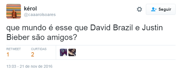 Comentário sobre o encontro de David Brazil e Justin Bieber (Foto: Reprodução/Twitter)
