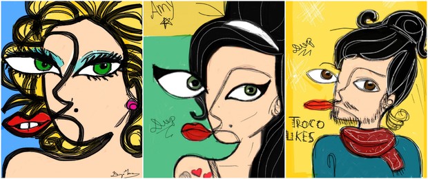 Madonna, Amy Winehouse e Tiago Iorc em desenhos feitos por Diego Moura (Foto: Divulgação/Um Dedo de Arte)