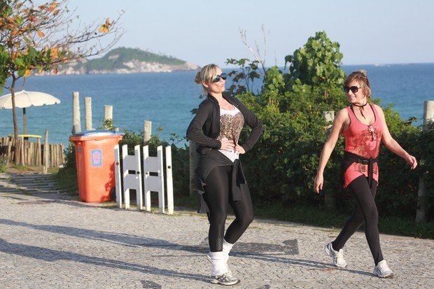 Ellen Roche caminha com amiga na orla da praia da Barra da Tijuca (Foto: Dilson Silva / AgNews)