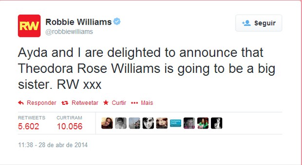 Robbie Williaws no Twitter (Foto: Reprodução/ Twitter)