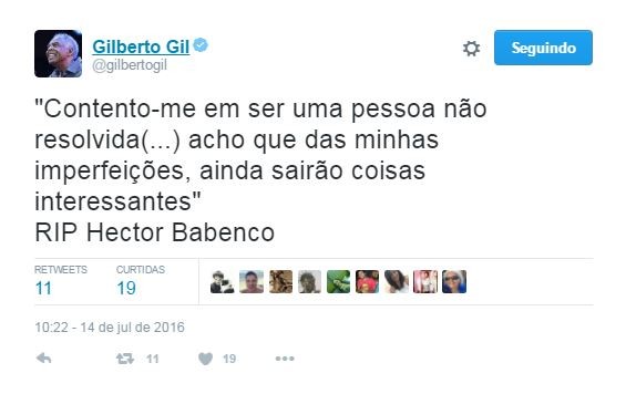Gilberto Gil lamenta morte de Hector Babenco (Foto: Reprodução / Twitter)
