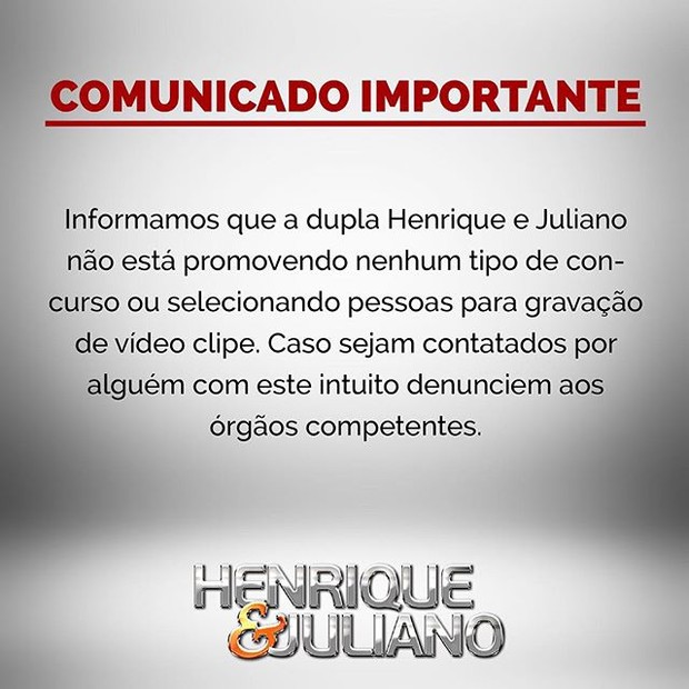 Comunicado da dupla Henrique e Juliano (Foto: Reprodução/Instagram)