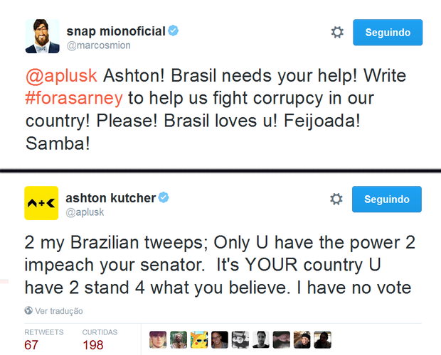 Marcos Mion publicou: Ashton! O Brasil precisa da sua ajuda! Escreva #ForaSarney pra nos ajudar a lutar contra a corrupção no nosso país. Por favor! O Brasil te ama! Feijoada! Samba.  (Foto: Reprodução/Twitter)
