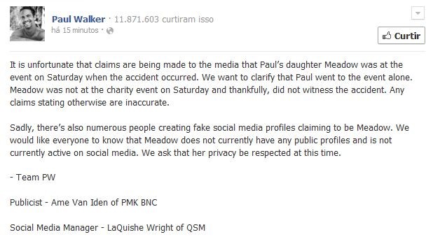 Página oficial de Paul Walker no facebook fala sobre presença de filha no evento (Foto: Reprodução / Facebook)
