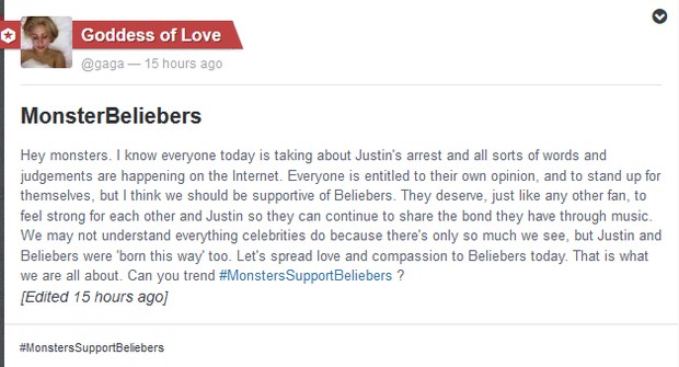 Lady Gaga escreve mensagem de apoio aos fãs de Justin Bieber (Foto: Reprodução)