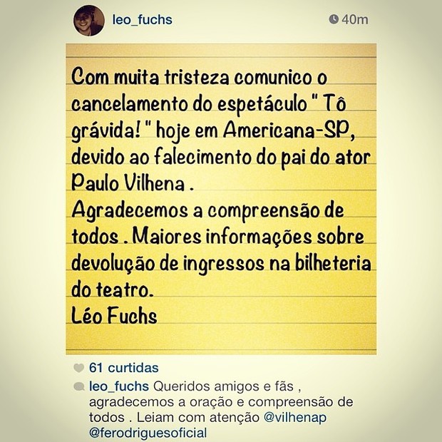Comunicado sobre a morte do pai de Paulo Vilhena (Foto: Instagram / Reprodução)
