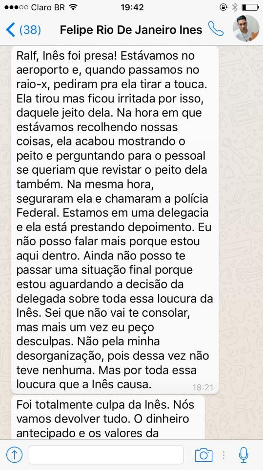 Mensagem do produtor de Inês Brasil para organizador da festa em que ela se apresentaria neste sábado, 18 (Foto: Reprodução/Facebook)