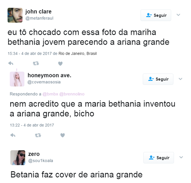 Semelhança entre Maria Bethânia e Ariana Grande surpreende a web (Foto: Reprodução/Twitter)