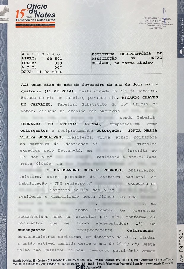 Documento união estável Susana Vieira e Sandro Pedroso (Foto: Reprodução)