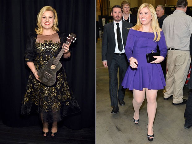 Kelly Clarkson em premiação em Nova York, nos Estados Unidos, e em abril de 2013 (Foto: Getty Images)