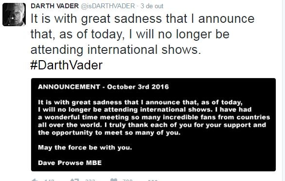 Darth Vader lamenta morte de Carrie Fisher (Foto: reprodução/twitter)