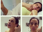 Solange Gomes faz careta durante sessão de depilação com linha