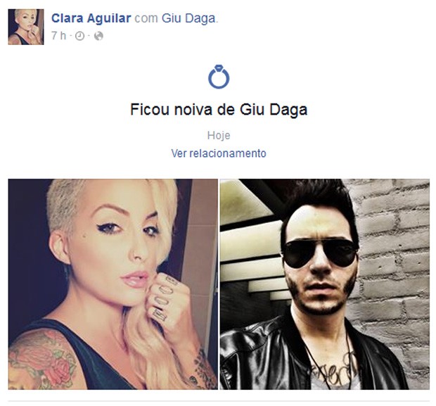 Ex-BBB Clara anuncia que ficou noiva do namorado, Giu Daga, na web (Foto: Facebook/Reprodução)