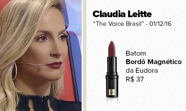 O batom vermelho, usado pela técnica Claudia Leitte, no The Voice Brasil, do dia 01/12/16, é da Eudora, cor Bordô Magnético. (Foto: Sandy Bahia/EGO)