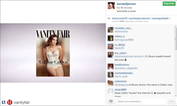 Kendall Jenner comenta a capa de Caitlyn Jenner (Foto: Instagram / Reprodução)