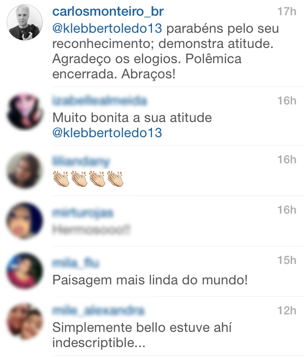 Comentário de Carlos Monteiro para Klebber Toledo (Foto: Instagram / Reprodução)