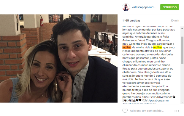Valesca em post apaixonado pelo namorado (Foto: Reprodução/Instagram)