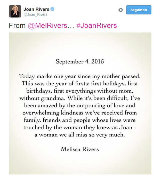 Melissa em mensagem no perfil oficial da mãe, Joan Rivers (Foto: Reprodução)
