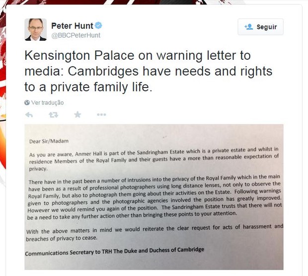 Palácio de Kensington envia carta à mídia (Foto: Twitter / Reprodução)