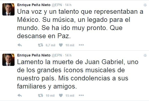 Presidente do México, Enrique Peña Nieto, lamenta morte de Juan Gabriel (Foto: Reprodução / Twitter)