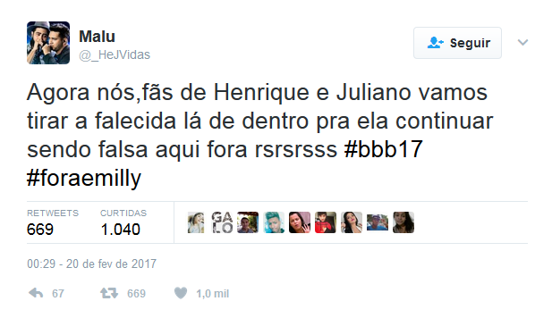 Fãs da dupla Henrique e Juliano fazem campanha na web para eliminar Emily do BBB17 (Foto: Reprodução/Twitter)