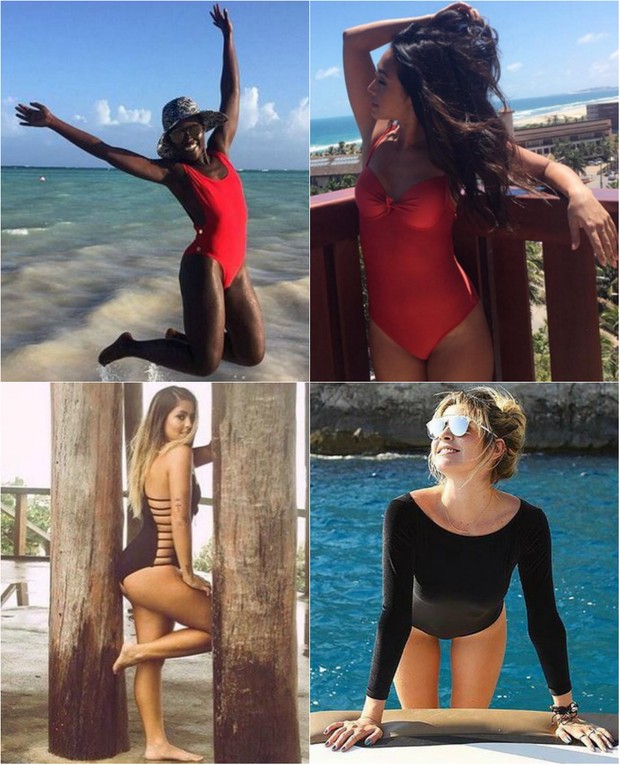 Lupita Nyong&#39;o, Dani Suzuki, Danielle Favatto, e Julia Farias preferem o maiô liso. Pretino básico e vermelho paixão são os preferidos (Foto: Reprodução do Instagram)