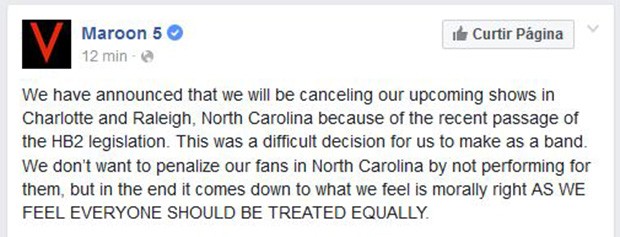 Maroon 5 cancela show na Carolina do Norte (Foto: Reprodução/Facebook)