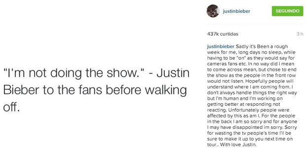 Justin Bieber pede desculpas em rede social (Foto: Reprodução Instagram)