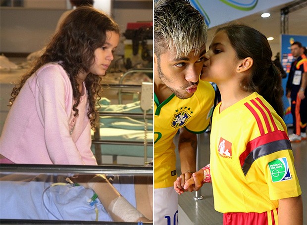 Bruna Marquezine e Neymar com torcedora mirim (Foto: Tv Globo | Getty)