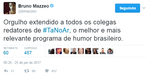 Bruno Mazzeo comenta reestreia de Tá no Ar. (Foto: Reprodução/Twitter)