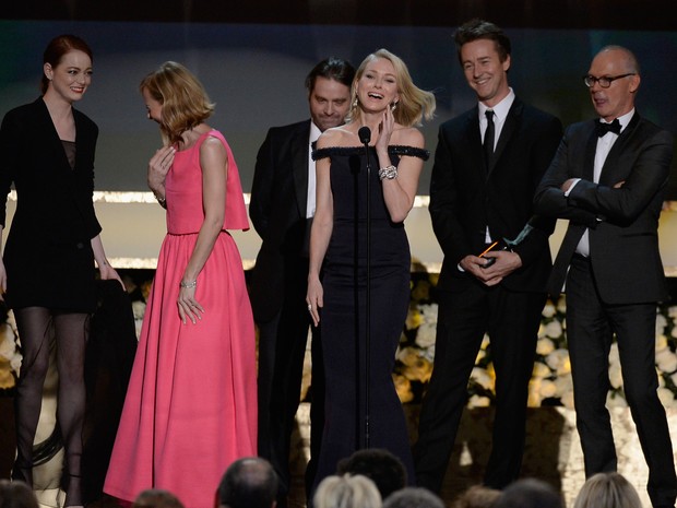 Emma Stone, Amy Ryan, Naomi Watts, Zach Galifianakis, Edward Norton e Michael Keaton em prêmio em los Angeles, nos Estados Unidos (Foto: Kevork Djansezian/ Getty Images/ AFP)