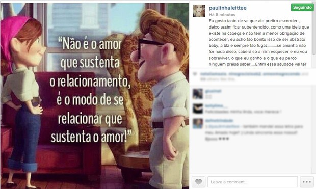 Paulinha posta mensagem na rede social (Foto: Instagram / Reprodução)