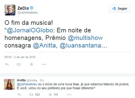 Resposta de Anitta ao tweet de José de Abreu (Foto: Reprodução / Twitter)