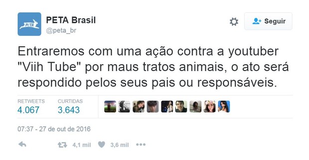 PETA Brasil critica atitude da blogueira Viih Tube (Foto: Reprodução/Twitter)