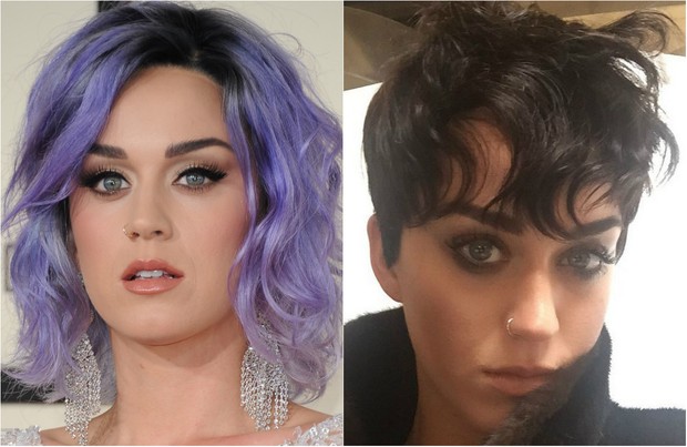 Antes e depois: Katy Perry corta o cabelo estilo joãozinho (Foto: AFP | Reprodução / Instagram)