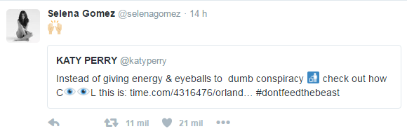 Selena Gomez compartilha mensagem de Katy Perry (Foto: Reprodução / Twitter)