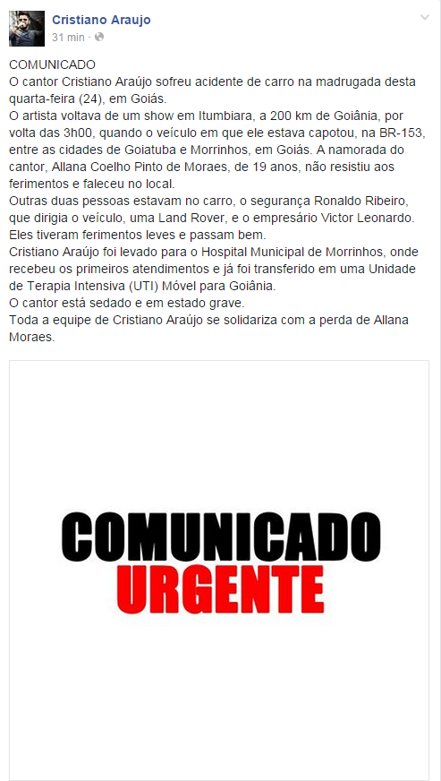 EGO - Namorada de Cristiano Araújo morreu devido a traumatismo