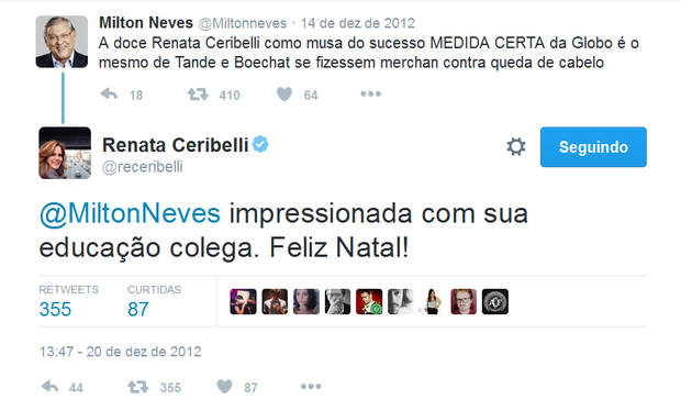 Milton Neves alfineta e Renata Ceribelli responde (Foto: Reprodução/Twitter)